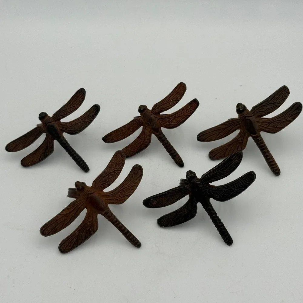 Vtg Cast Iron Dragonfly Napkin Rings Set of 5 Rustic Brown Garden Table Decor